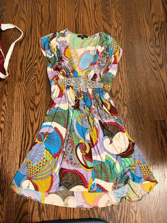 Sky Peacock Colorful Print Crystal Encrusted Bird Belt mini dress Small - Picture 1 of 5